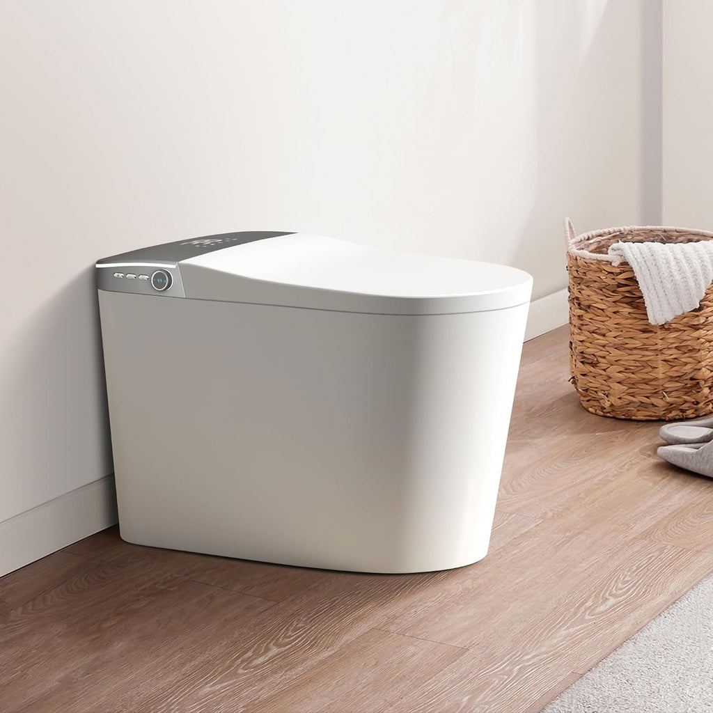 Smart Toilet with Powerful Flush, Bidet with Instant Warm Water, Modern Elongated Tankless Toilet with Foot Sensor, Heated Bidet Seat & Dryer,LED Display, Night Light, Deodorization (White1)