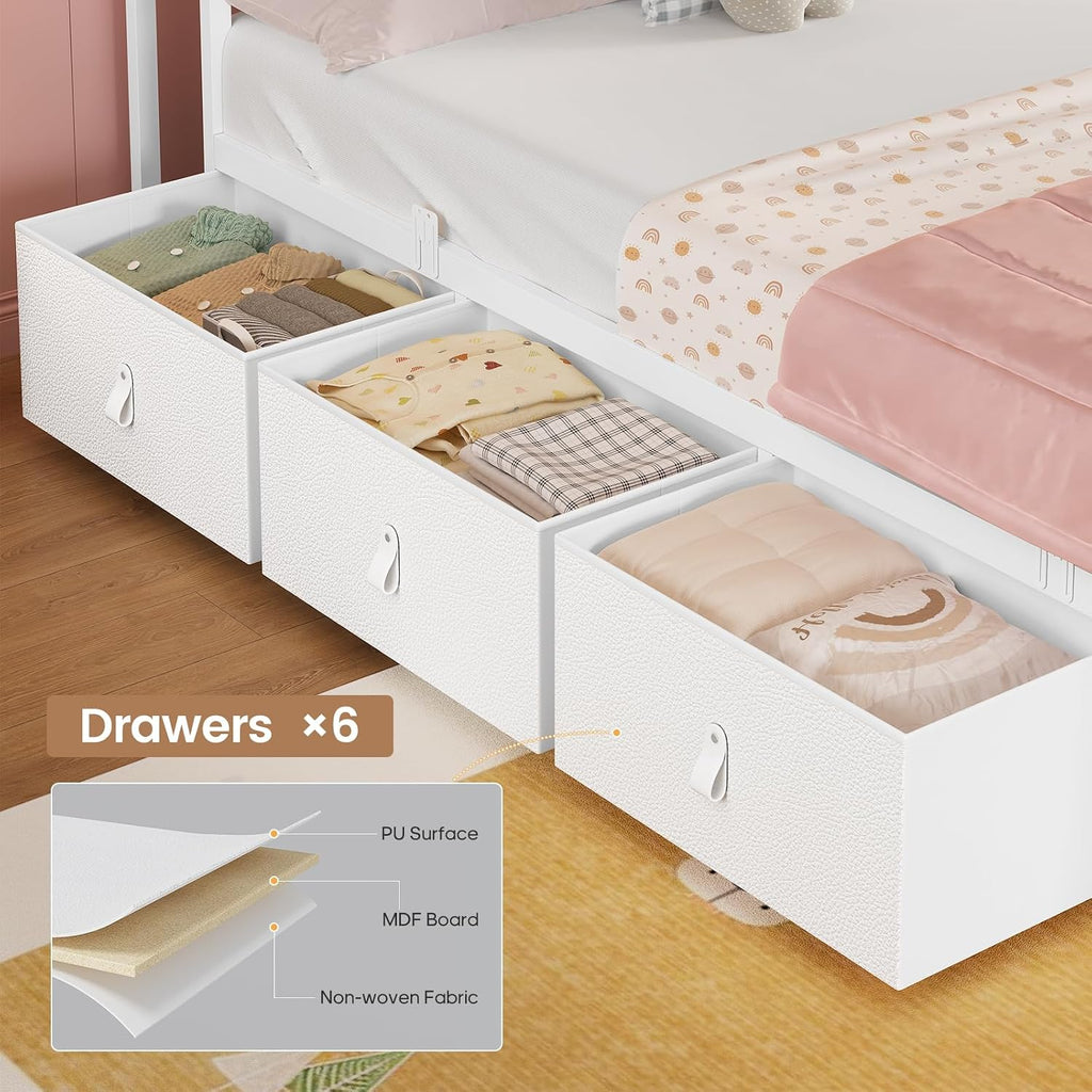 ADORNEVE Twin Bed Frame with 6 Storage Drawers & 2-Tier LED Headboard – Kids Girls Bed with Power Outlets & RGB Lights, 2 Footboard Cubbies– Space-Saving No Box Spring Needed, White