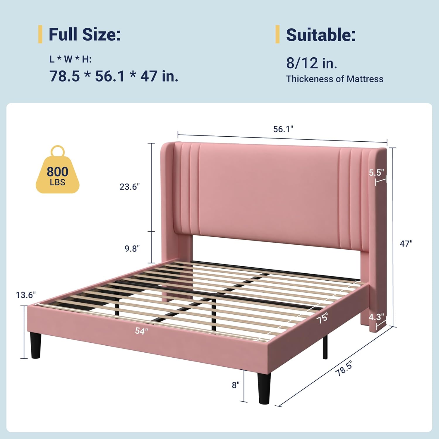 Allewie Full Size Velvet Platform Bed Frame with Vertical Tufted Wingback Headboard, Easy Assembly, Under Bed Storage, No Box Spring Required, Modern Style, Pink