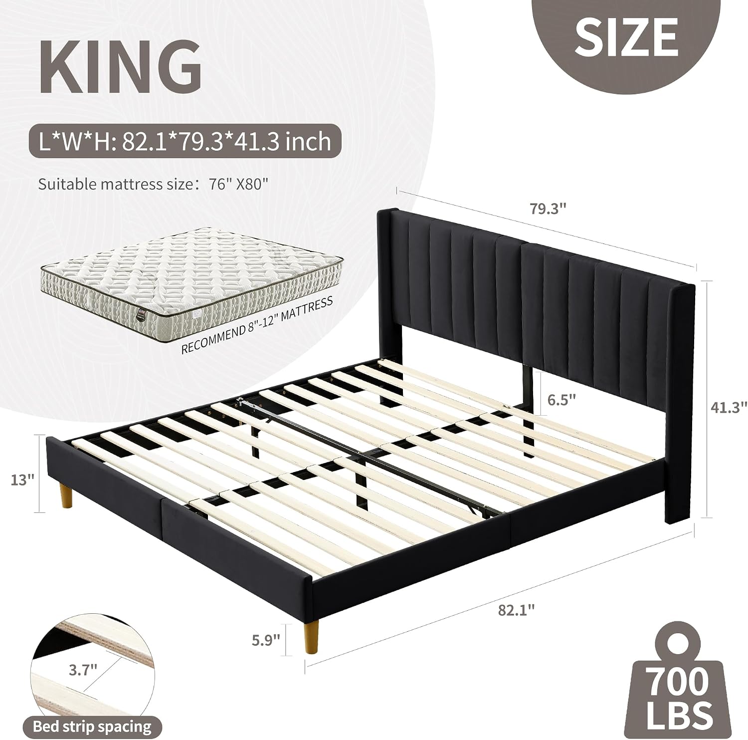 YUHUASHI upholstered Platform Bed Frame/King Bed Frame/Modern Geometric Double-Wing Design headboard/Linen Fabric/Easy to Assemble no Noise (Black, King (U.S. Standard))