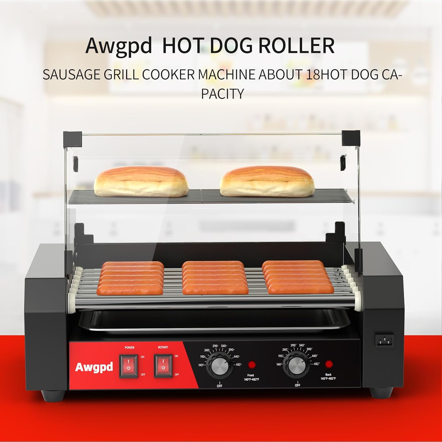 Hot Dog Roller, 18 Hot Dog 7 Rollers, Stainless Steel Hot Dog Cooker, 1050W Commercial Hot Dog Machine with Dual Temp Control, Cover, Removable Shelf & Oil Drip Tray(7 Rollers+Cover)