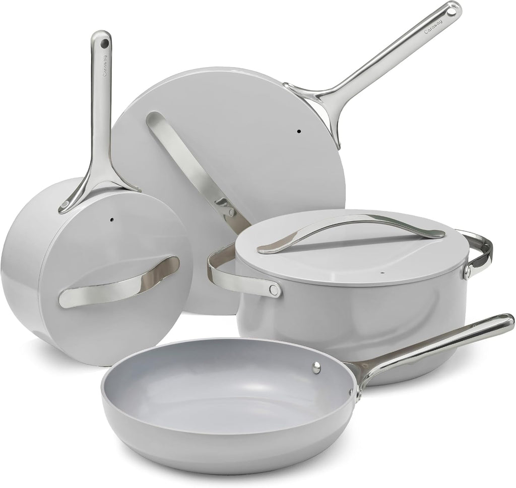 Caraway Non-stick Ceramic Cookware Set (12 Piece) Pots, Pans, Lids and Kitchen Storage - PFAS & PFOA Free - Oven Safe Pan Set & Compatible with All Stovetops - Gray