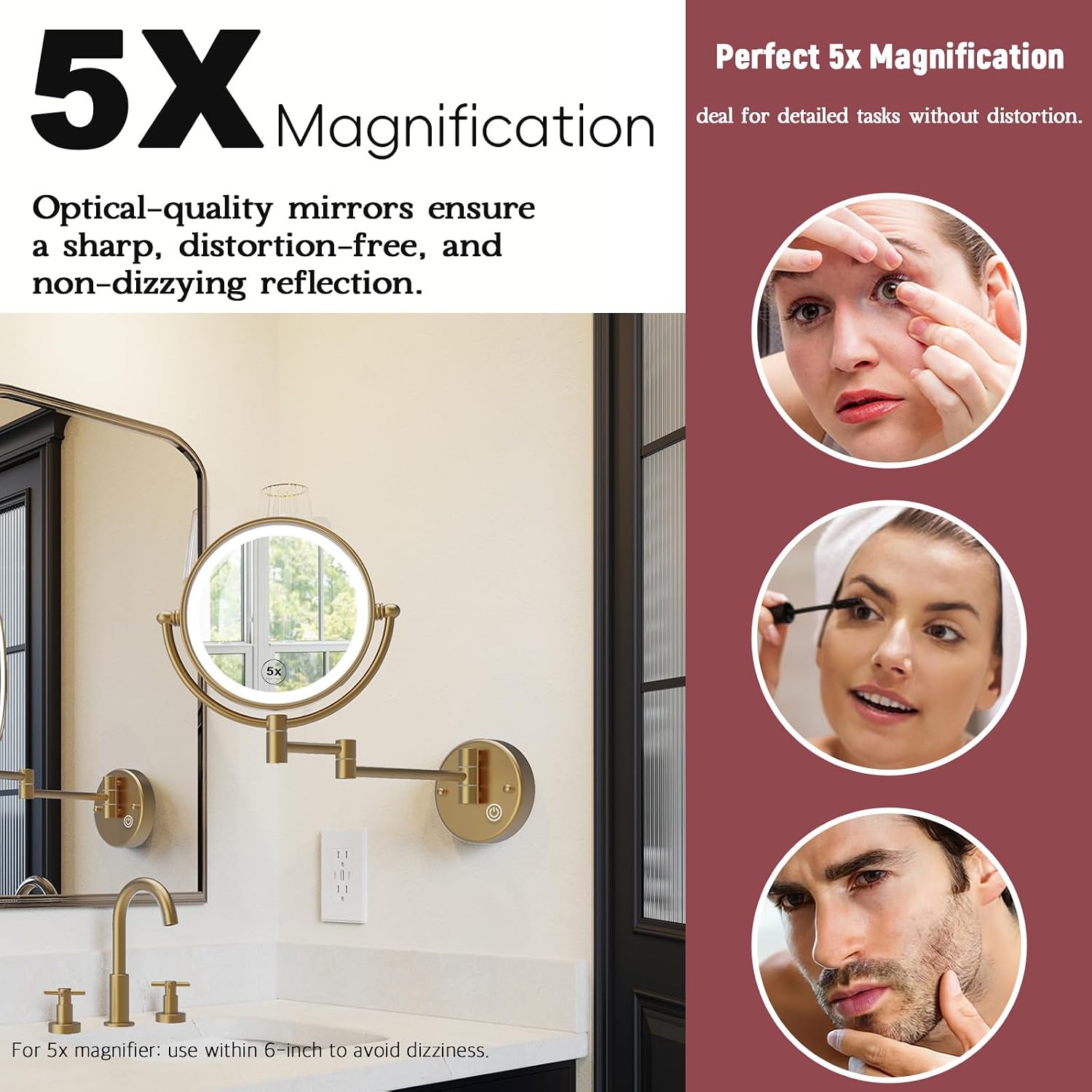 8' Rechargeable Brass 1X/5X Makeup Magnifying Mirror Wall Mount with Light, Upgraded 3-Colors Bright LED Touch Dimmable Extended Arm 360 Rotation for Bathroom, Brushed Modern Brass
