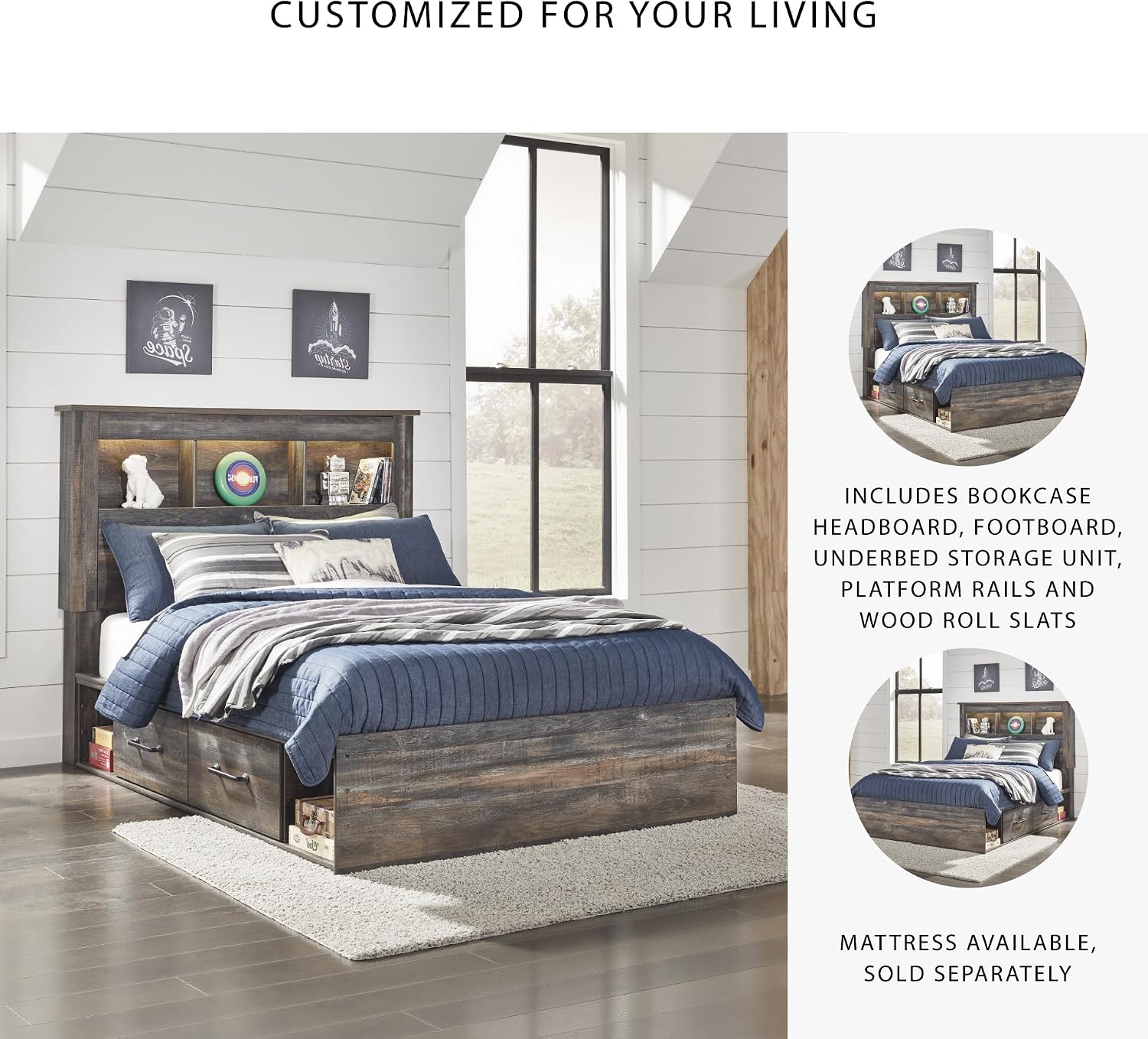 Signature Design by Ashley Drystan Rustic Full Bookcase Bed with 2 Storage Drawers, Open Cubbies and LED Light, Foundation or Box Spring Not Needed, Dark Brown & Gray
