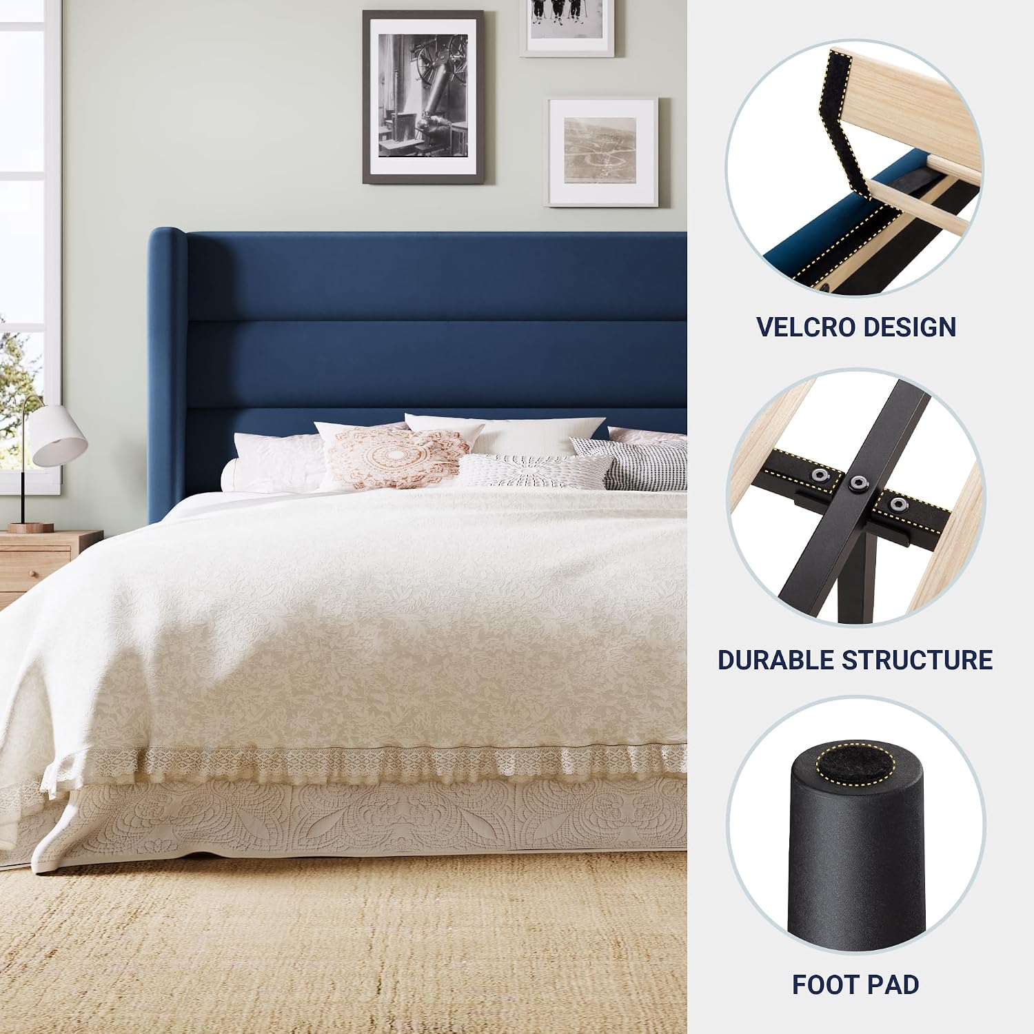Allewie Full Size Platform Bed Frame with Velvet Upholstered Wingback Headboard, No Box Spring Needed, Under Bed Storage Space, Wooden Slats, Modern Mattress Foundation, Easy Assembly, Blue