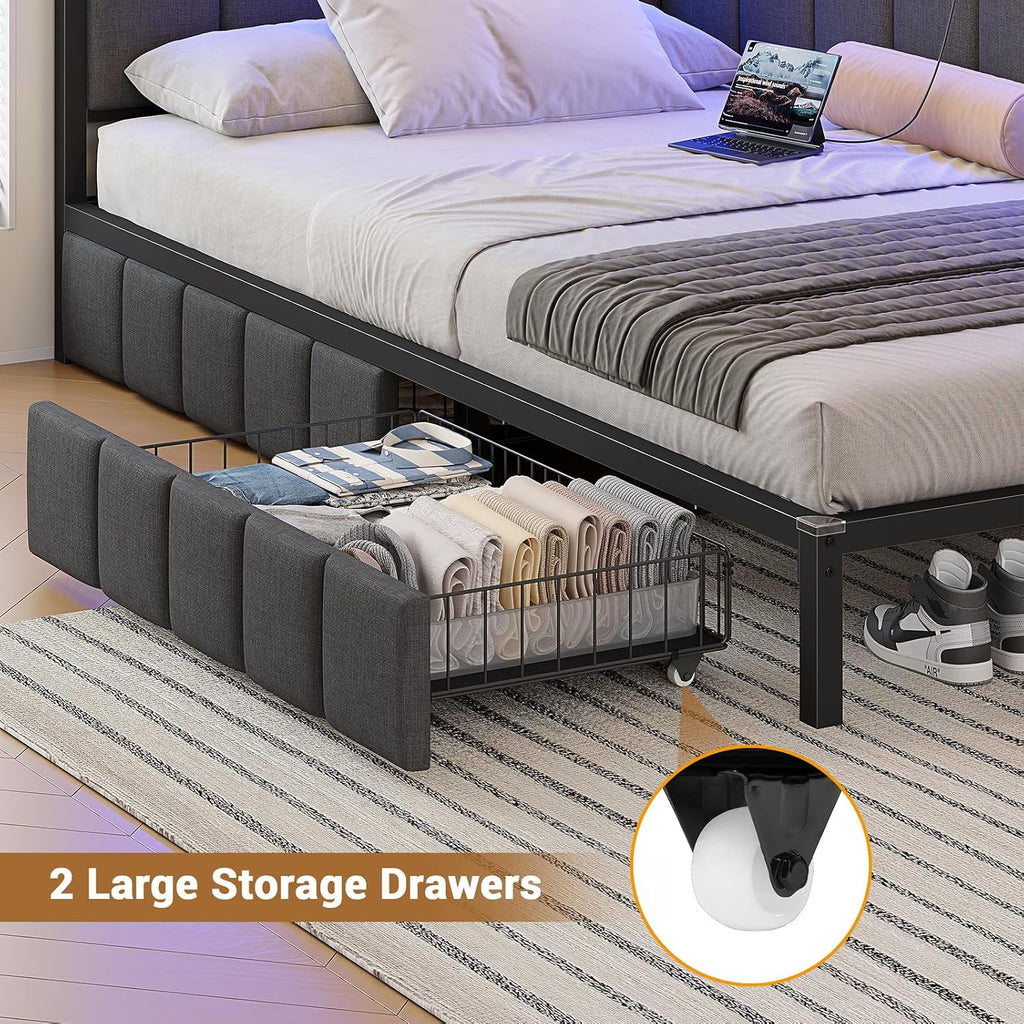 Hasuit Corner Bed Frame with Storage Drawers, Twin Daybed with Line Fabric Upholstered Fence, Kids Bed Unit with LED Light and Charging Station, Modern Bed Frame