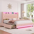 HIFIT Upholstered Full Size LED Bed Frame with Charging Station & 4 Storage Drawers, Velvet Crystal Button-Tufted Wingback Headboard, Princess Platform Bed Frames for Girls, No Box Spring Needed, Pink