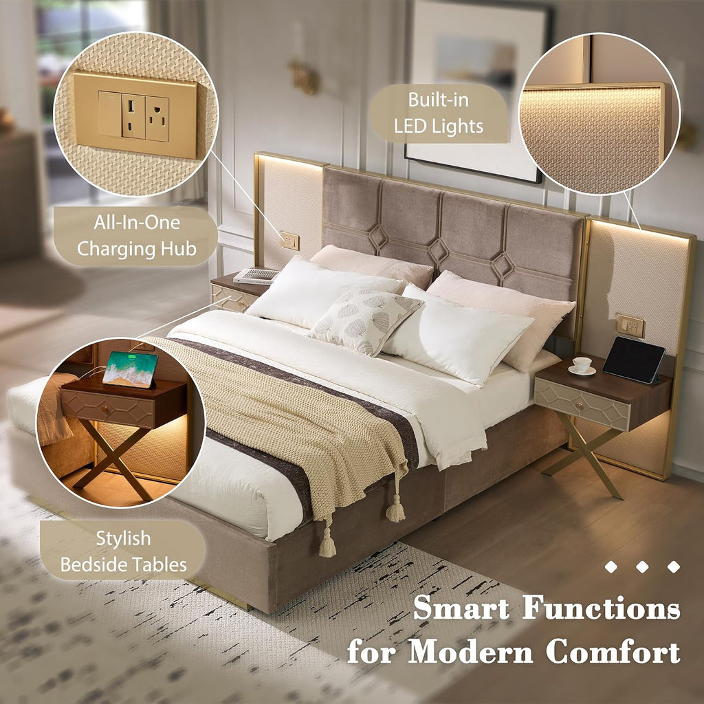 Luxurious Queen Platform Bed Frame with Metal Frame Headboard, Modern Velvet Upholstered Platform Bed with 2 Built-in Wall Lamps and Bedside Table for Bedroom Guestroom, Coffee