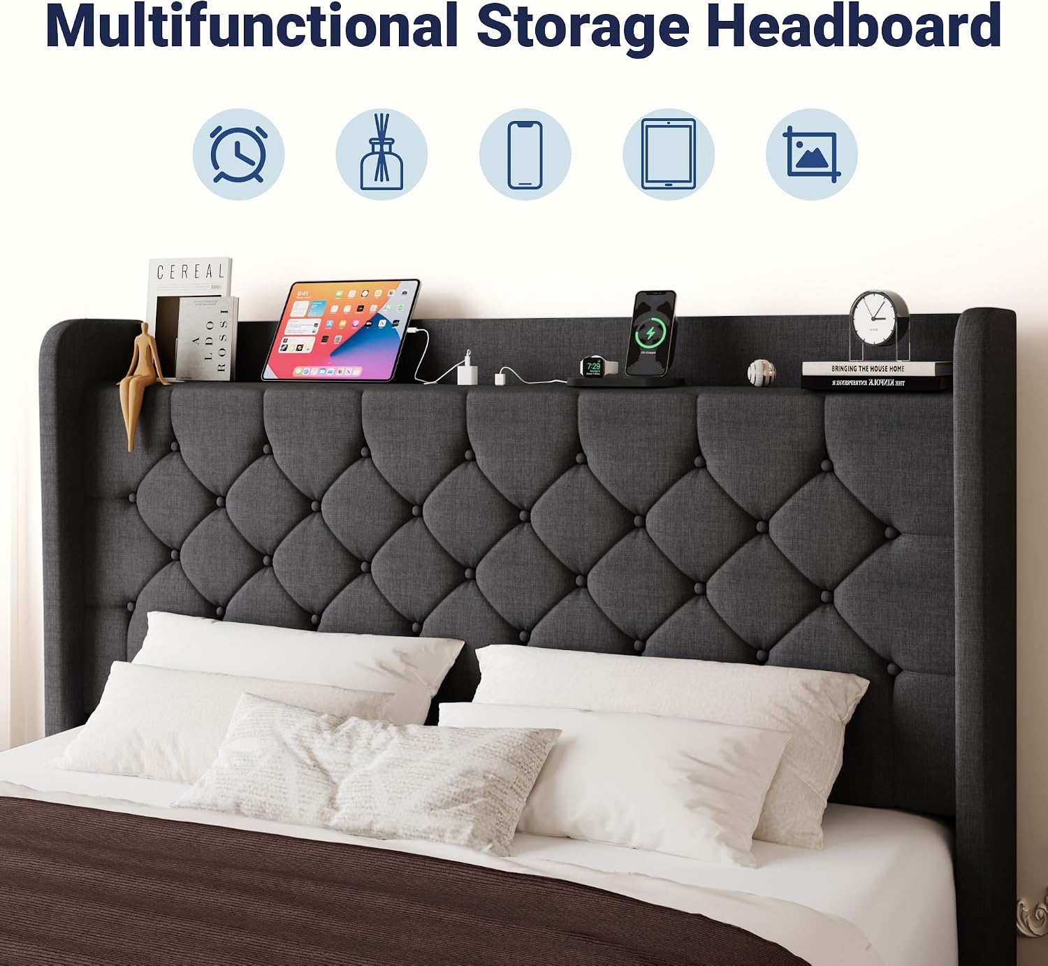 Allewie Full Size Bed Frame, Storage Headboard with Charging Station, Wingback Linen Upholstered, Diamond Stitched Button Tufted, Sturdy Wooden Slats, No Box Spring Needed, Easy Assembly, Dark Grey