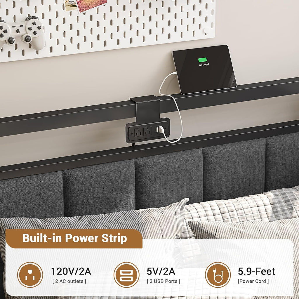 Hasuit Corner Bed Frame with Storage Drawers, Twin XL Daybed with Line Fabric Upholstered Fence, Kids Bed Unit with LED Light and Charging Station, Modern Bed Frame Twin XL Size, Gray