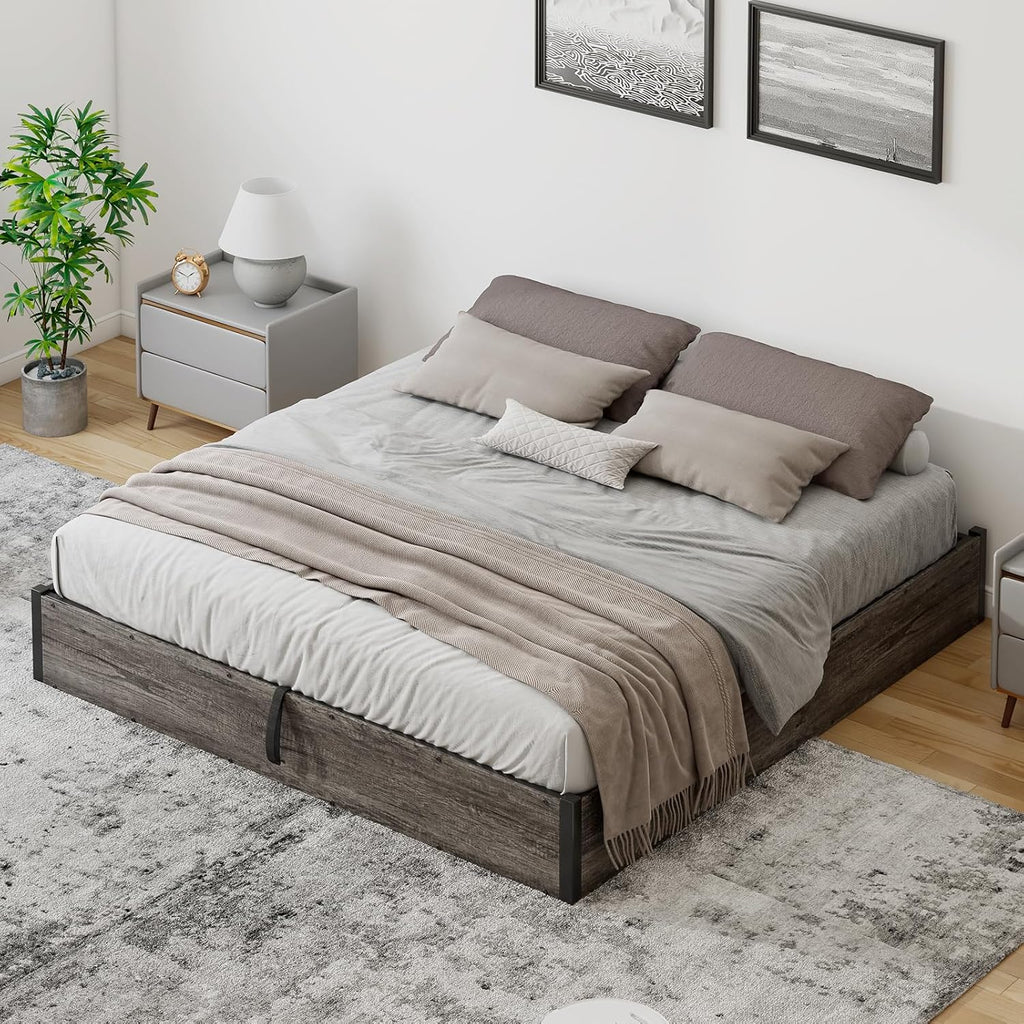 LUXOAK 3 Pieces Bedroom Sets, Includes Full Size Lift Up Storage Platform Bed Frame, 2 Drawers Farmhouse Nightstand Set of 2 with Charging Station, No Box Spring Needed, Rustic Grey