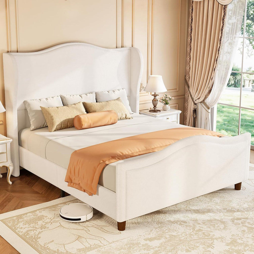 koorlian Queen Bed Frame Chenille Upholstered Platform Bed with Headboard and Footboard, 51' High Deep Tufted Wingback Sleigh Upholstered Bed, Modern Retro Minimalist Style, Easy Assembly, Cream