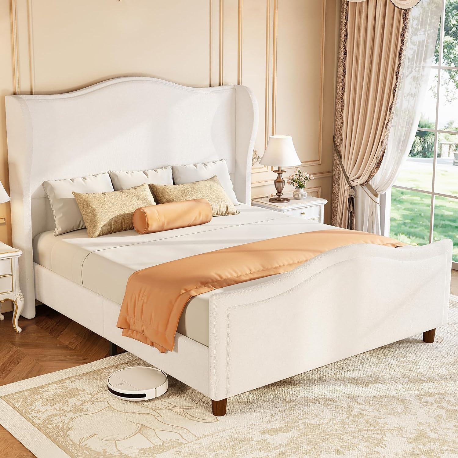 koorlian Queen Bed Frame Chenille Upholstered Platform Bed with Headboard and Footboard, 51' High Deep Tufted Wingback Sleigh Upholstered Bed, Modern Retro Minimalist Style, Easy Assembly, Cream