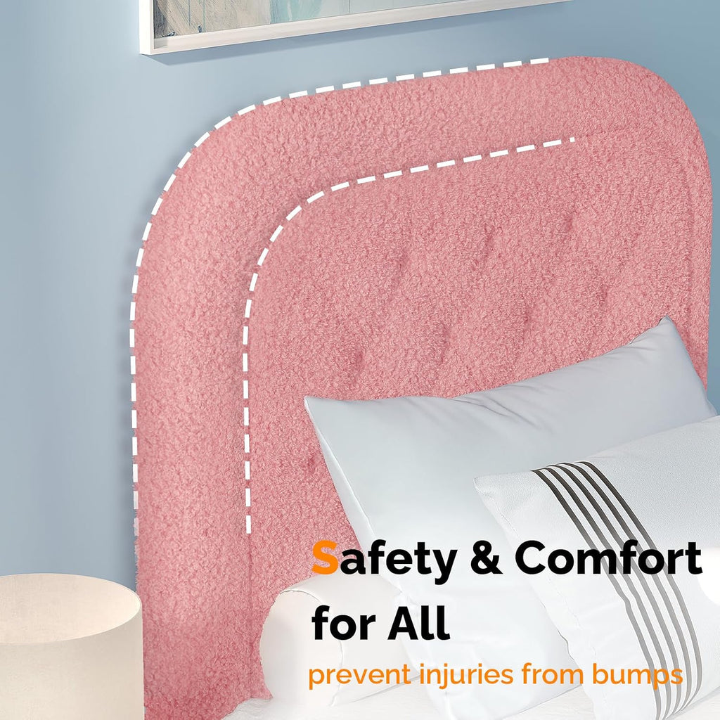 VINGLI Twin Platform Bed Frame Set of 2 with 46 Inches Tall Boucle Upholstered Headboard, Girls Puffy Cloud Princess Single Panel Bed with Rounded Corners for Kids Room, Apartment, Pink | Cream Furniture
