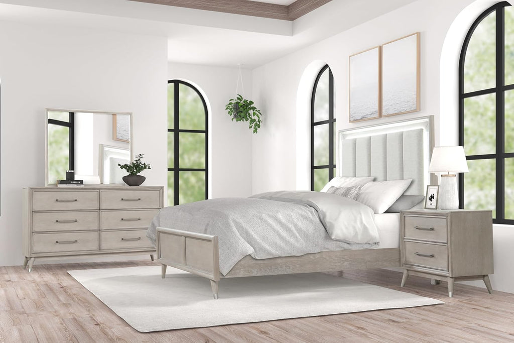 Roundhill Furniture Seluna 4-Piece Bedroom Set with Touch LED Lighting, Gray Oak Finish, Queen
