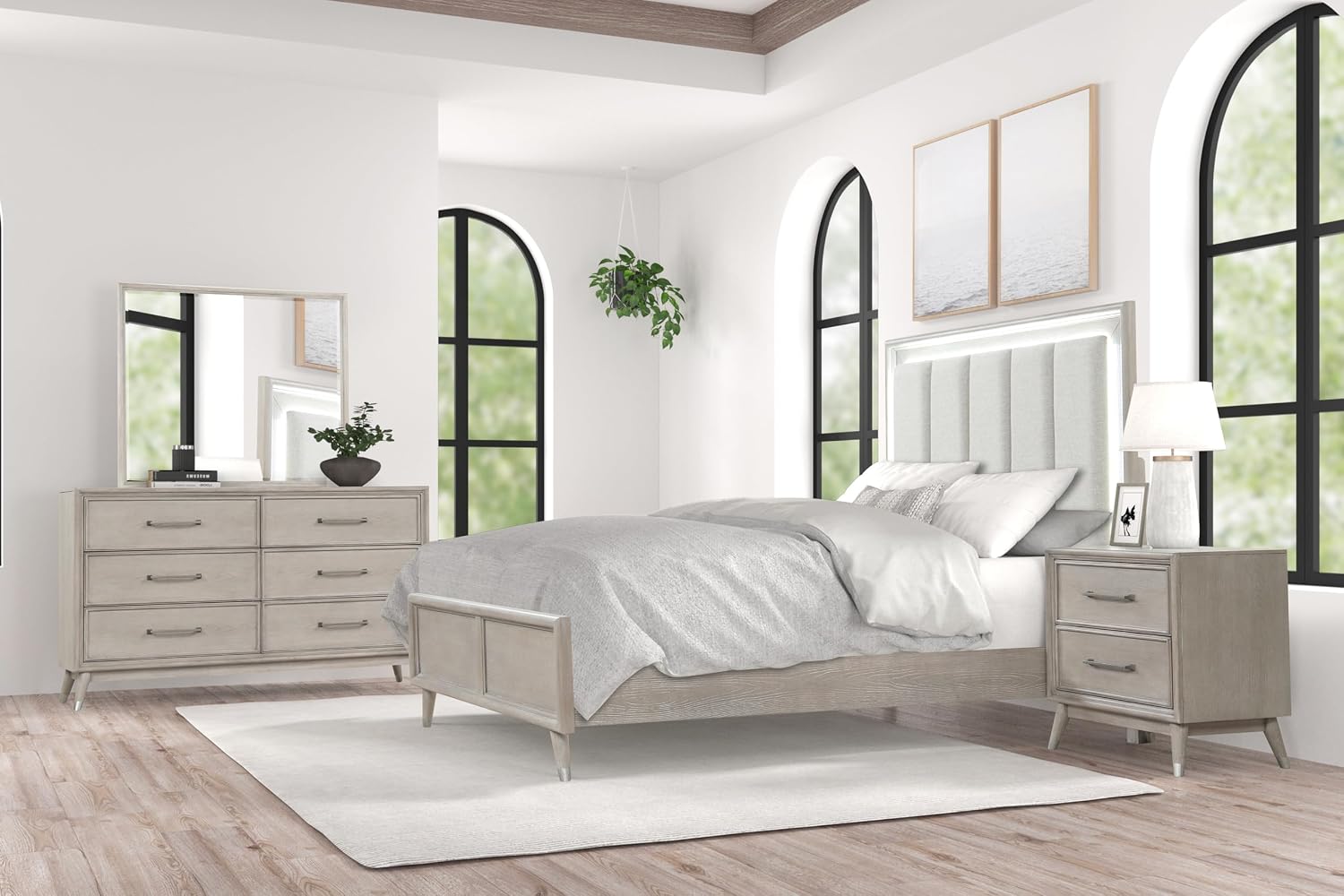 Roundhill Furniture Seluna 4-Piece Bedroom Set with Touch LED Lighting, Gray Oak Finish, Queen