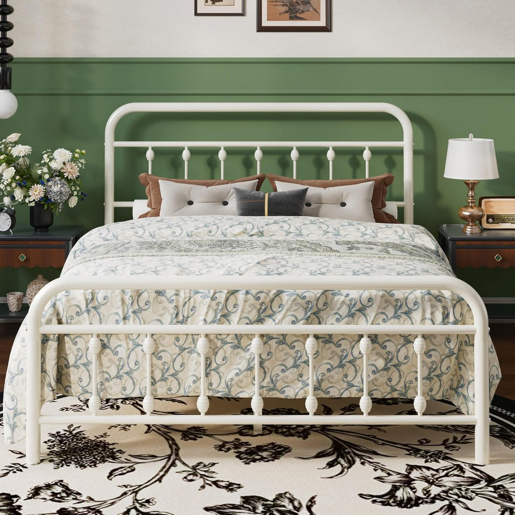 SHA CERLIN Full Size Metal Platform Bed Frame with Victorian Style Iron-Art Headboard and Footboard, Easy Assembly, Under Bed Storage, No Box Spring Required, Off White