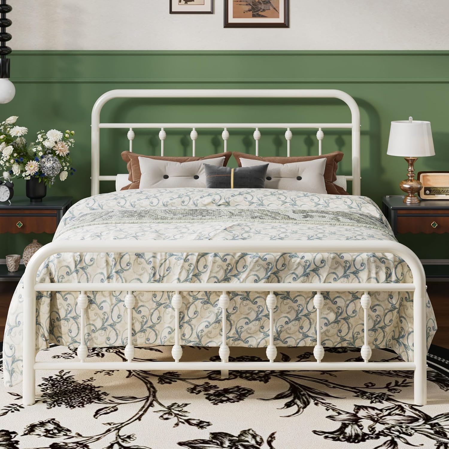 SHA CERLIN Full Size Metal Platform Bed Frame with Victorian Style Iron-Art Headboard and Footboard, Easy Assembly, Under Bed Storage, No Box Spring Required, Off White