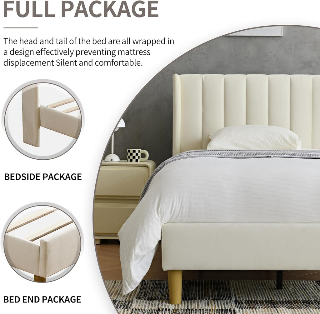 YUHUASHI upholstered Platform Bed Frame/King Bed Frame/Modern Geometric Double-Wing Design headboard/Velvet Fabric/Easy to Assemble no Noise (Cream, King (U.S. Standard))