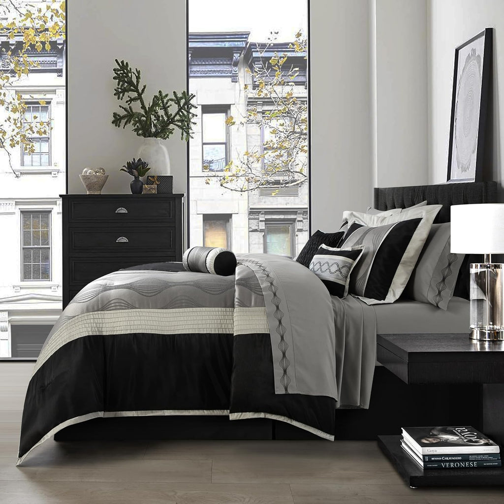 Grand Avenue Black and Silver Comforter Set King Size, 7 Pieces Bedding & Collection, Jacquard All Season Comforter & Pillows, Ultra-Soft Microfiber