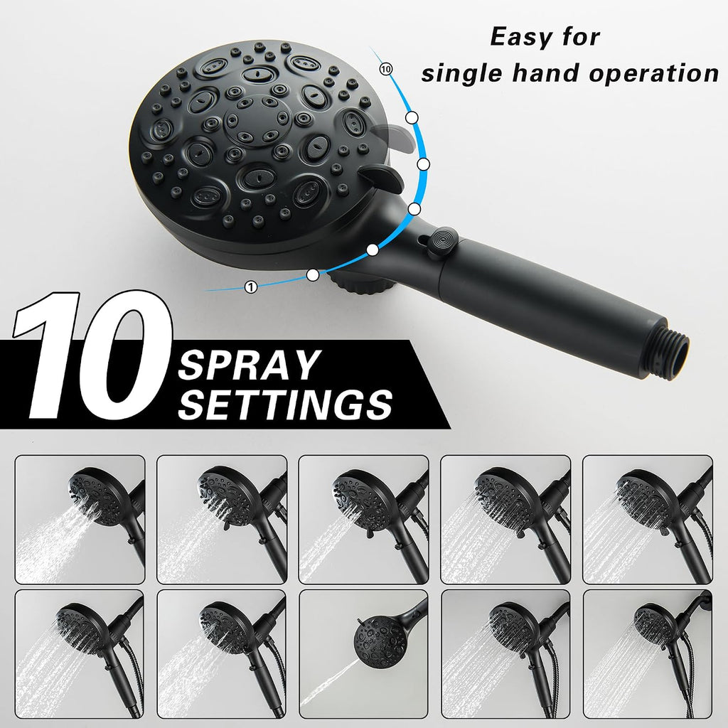 LIWEIKE Matte Black 3 Handle Tub Shower Faucet, 3 Knob Shower Tub Faucet Set with with 10 Setting with Magnetic Handheld Head Three Handle Tub and Shower Faucet Set