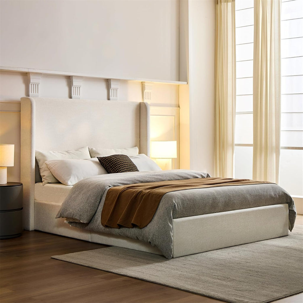 Full Textured Canvas Chenille Bed Frame with 54' Tall Headboard - Ivory Carmen Wingback Upholstered Platform Bed Elegant Simplicity Bedroom Furniture Strong Wood Slats Support No Box Spring Needed