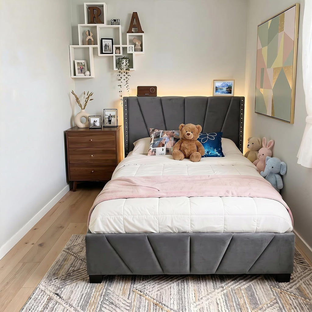 EnHomee Full Size Bed Frame with Velvet Upholstered Adjustable Headboard, LED Lights, and Charging Station for Bedroom, Apartment, and Dorm, No Box Spring Needed, Noise-Free, Easy Assembly, Gray