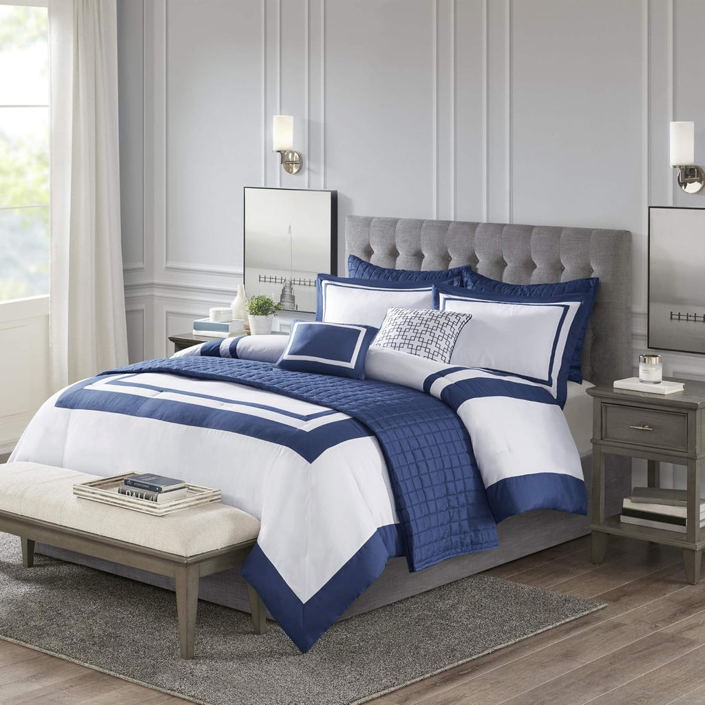 Madison Park Heritage Comforter Quilt Combo Set - Modern Luxury Design, All Season Down Alternative Bedding, Matching Shams, Decorative Pillows, King/Cal King(104'x92'), Color Block Navy 8 Piece
