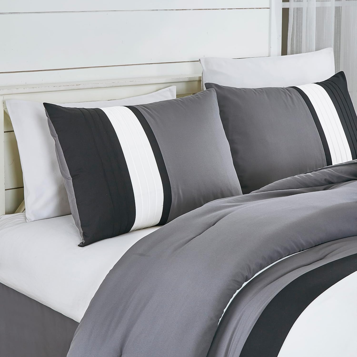 Chezmoi Collection Napa 7-Piece Luxury Leaves Scroll Embroidery Bedding Comforter Set (King, Black/Gray/White)