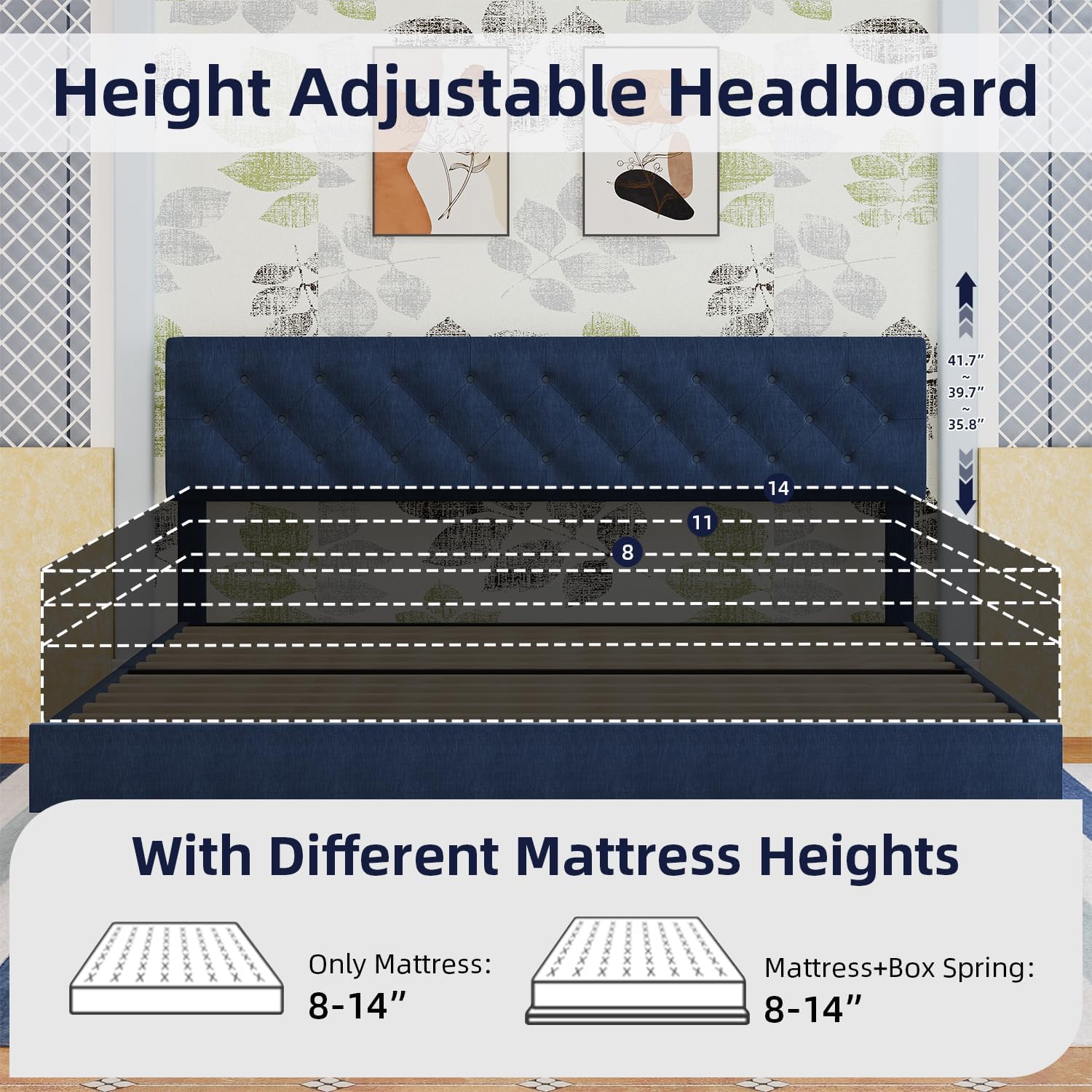 BarnFurin King Size Bed Frame, Upholstered Platform Bed Frame King with Button Tufted Headboard, Wooden Slats Support, No Box Spring Required, Easy Assembly, Navy Blue