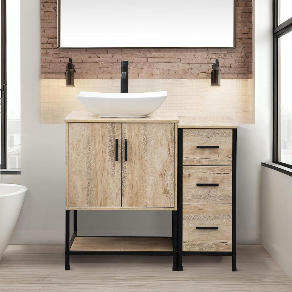 UEV 36' Rustic Oak Bathroom Vanity with Sink Combo,Industrial Iron Frame Bathroom Cabinet Sets with 3 Drawers Side Cabinet,Modern Artistic Ceramic Vessel Sink(032WH)