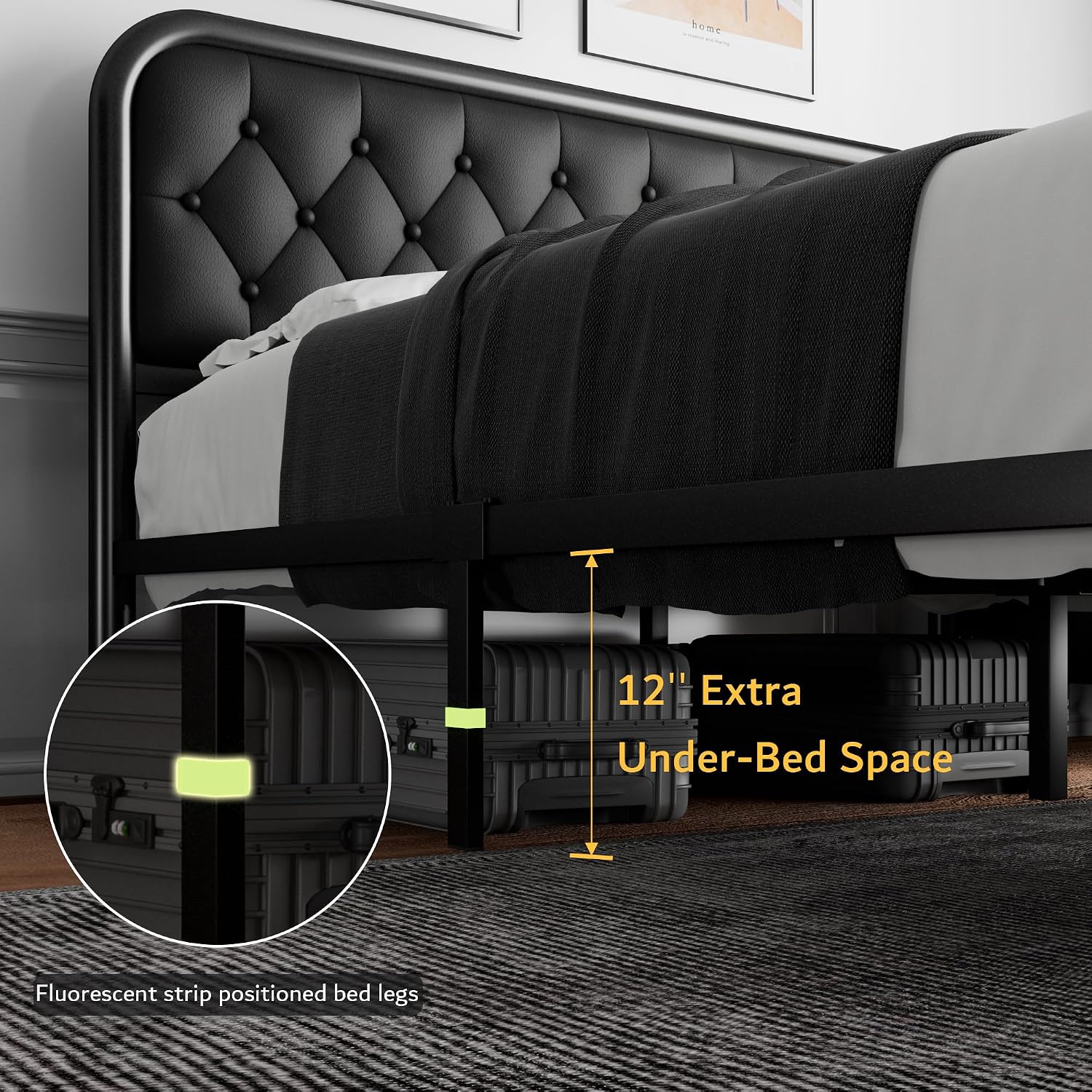 iPormis Full Size Metal Bed Frame with Leather Headboard, Heavy-Duty Platform Bed Frame, Thicker Metal Steel Slats Support, 12'' Under-Bed Space, Noise-Free, Easy Assembly, Black