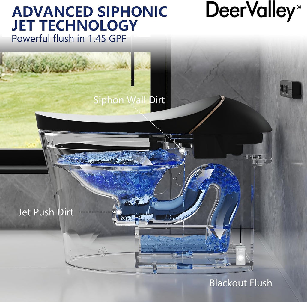 DeerValley Smart Toilet, Tankless Design with Integrated Bidet, Automatic Open/Close Lid, Auto Flush, Heated Seat, Black, Elongated