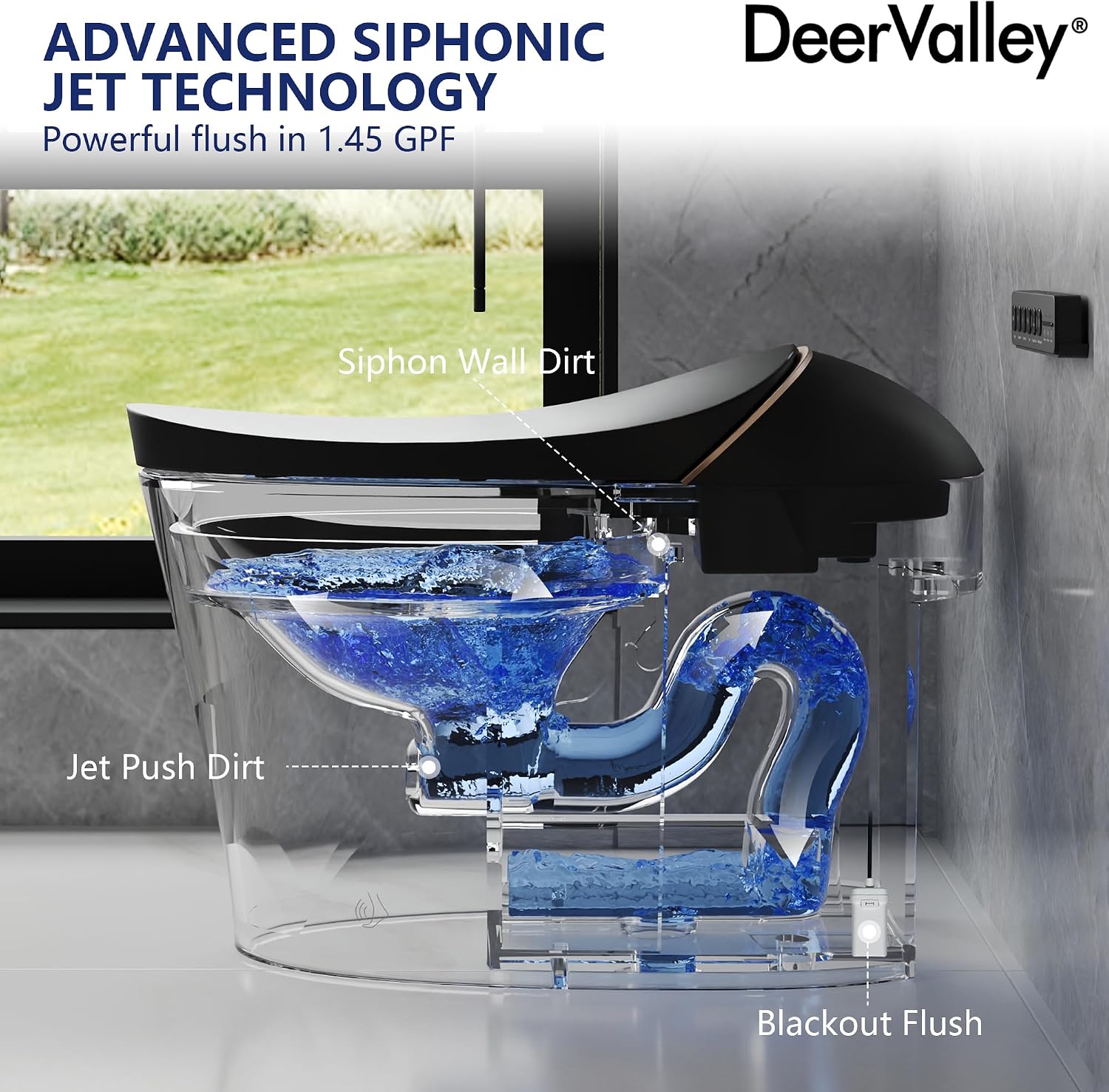 DeerValley Smart Toilet, Tankless Design with Integrated Bidet, Automatic Open/Close Lid, Auto Flush, Heated Seat, Black, Elongated