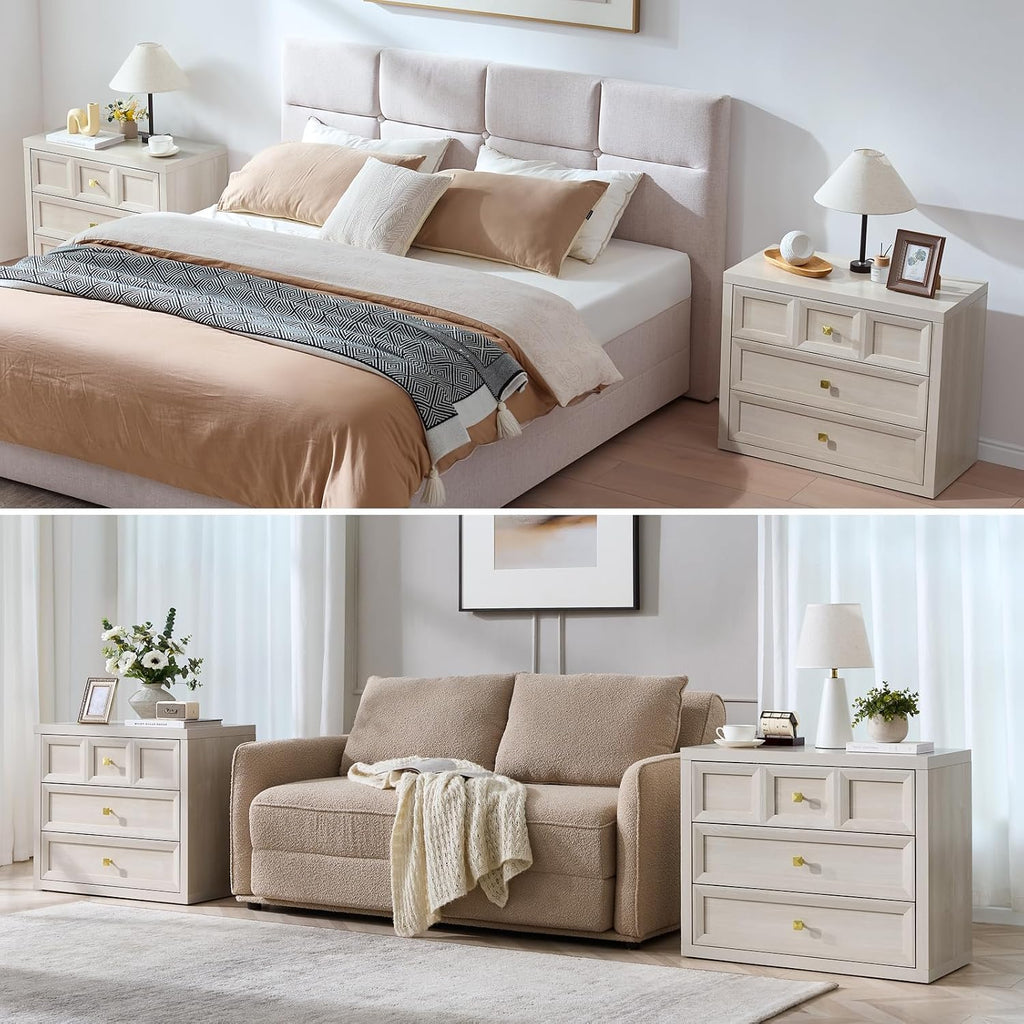 Night Stand Large W/Charging Station, 30.7' W Oversized Nightstands Tall Bedside Table with 3 Drawers, Accent End Table W/Large Storage, Modern Wood End Table for Bedroom, Office