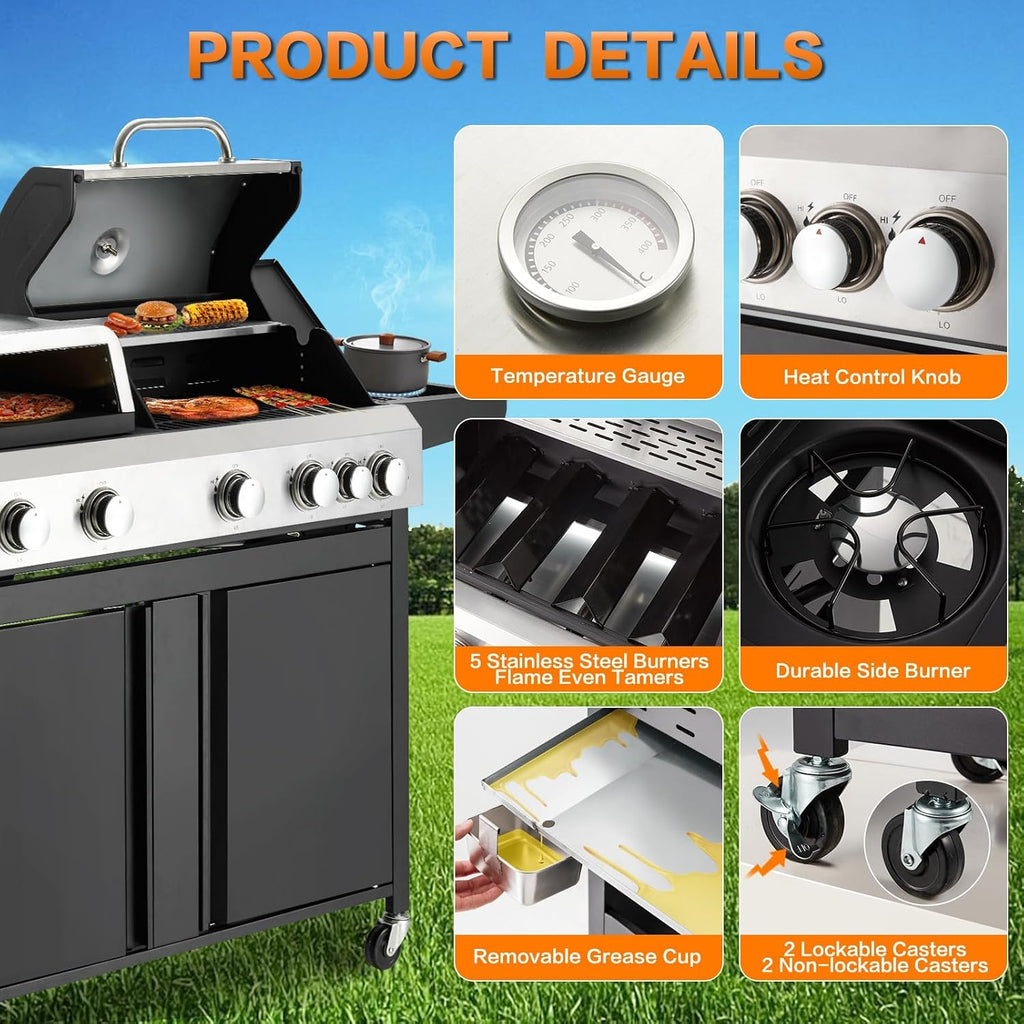 3 IN 1 Pizza Griddle Grill Combo, 74,000 BTU 5-Burner Stainless Steel Propane Gas Grill with Side Burner, Porcelain Enameled Cast Iron Grates, Griddle & Pizza Oven for Outdoor Patio Backyard