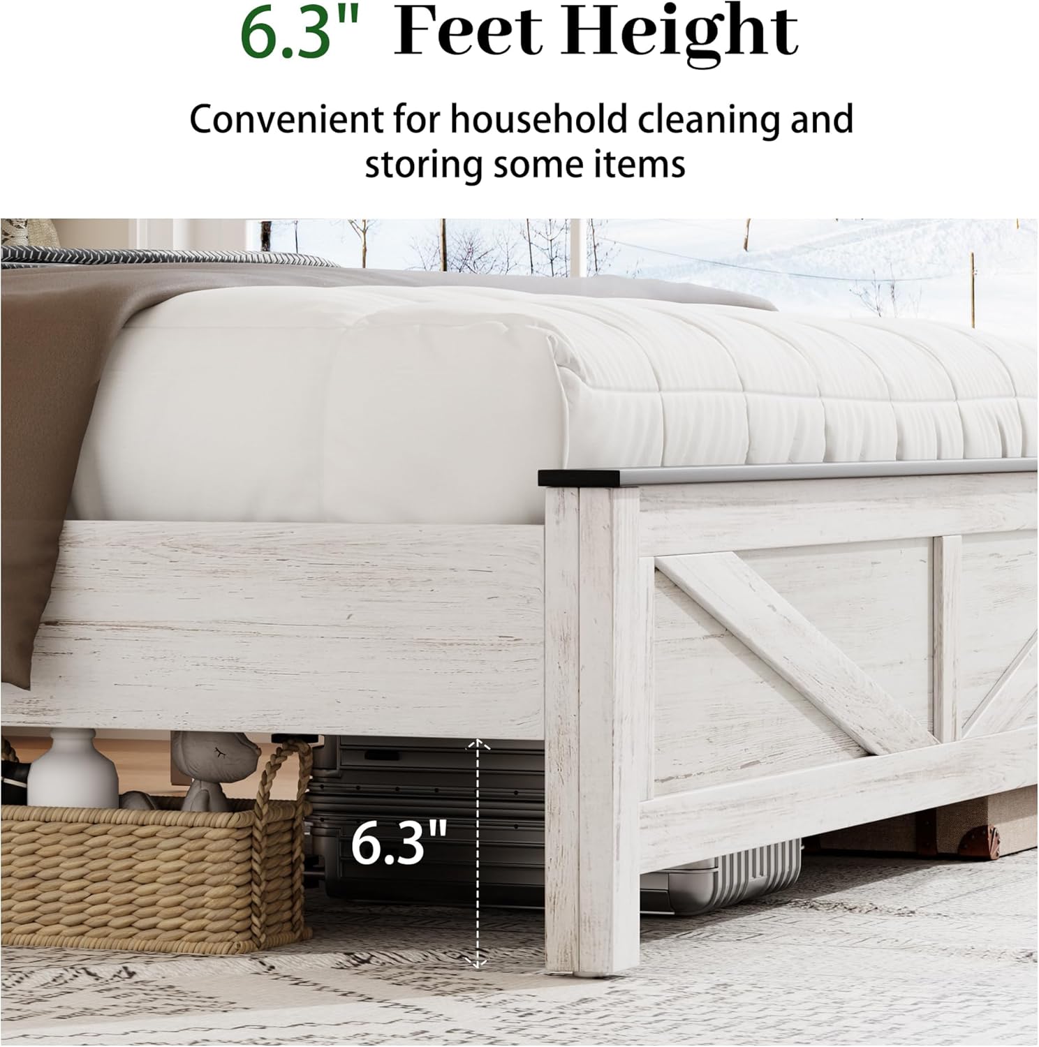 Full Size Bed Frame with Headboard, Rustic Farmhouse Wood Bed Frame with LED Lights and Charging Station, Easy Assembly, No Box Spring Needed (White, Full)