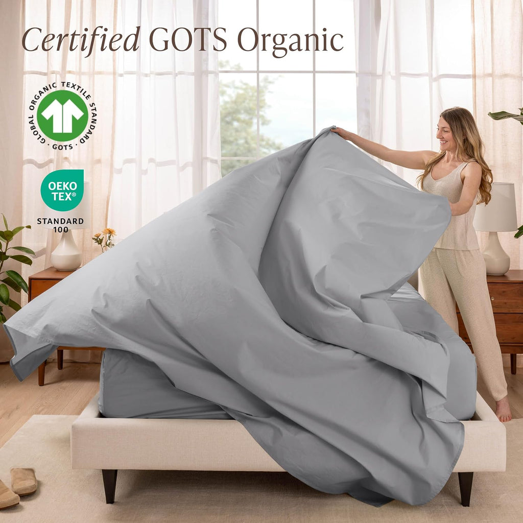 Bare Home 100% Organic Cotton Split King Sheet Set - Crisp Percale Weave - Lightweight & Breathable - Bedding Sheets & Pillowcases (Split King, Light Grey)