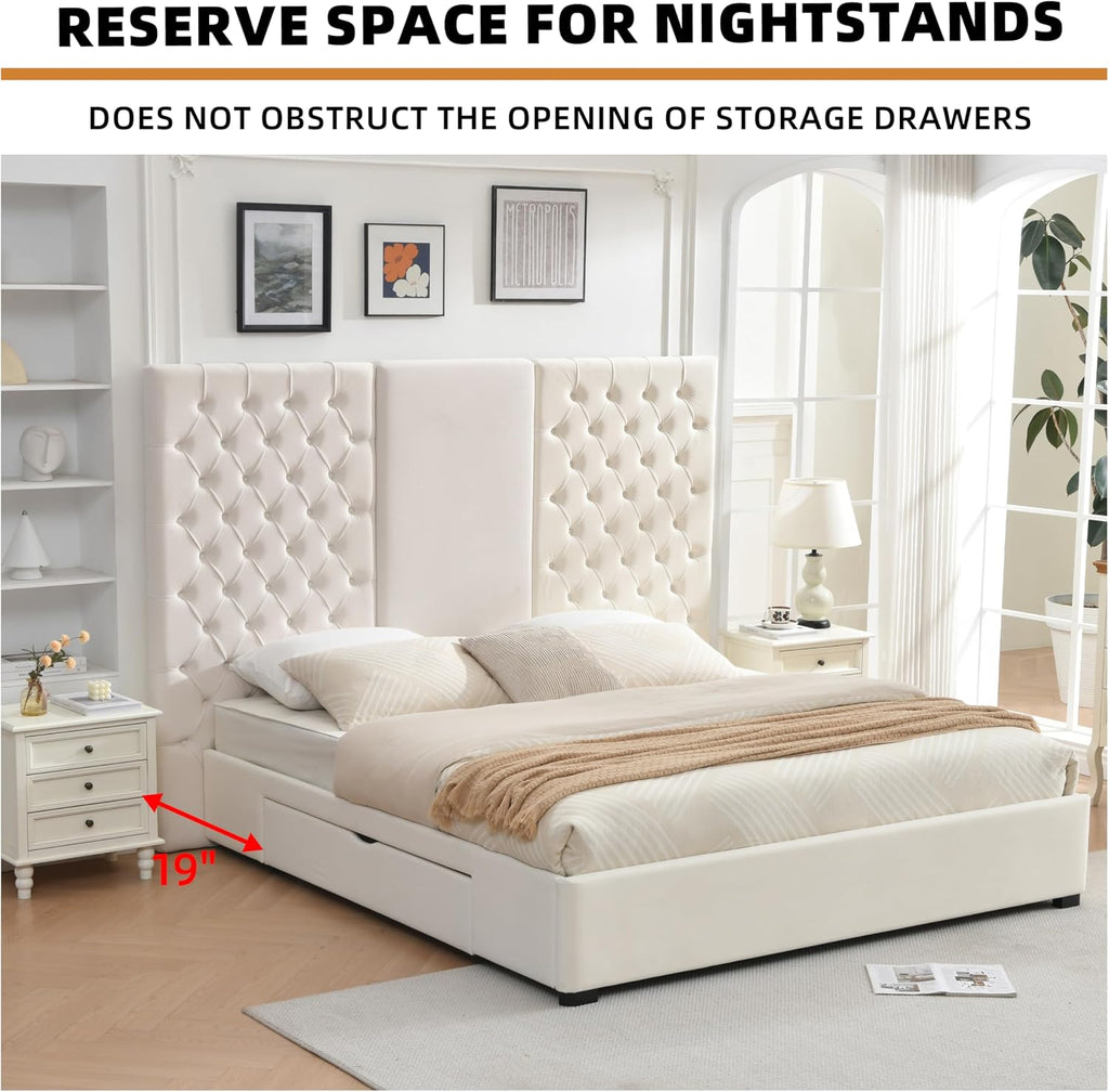 King Size Bed Frame with 63' Tall Headboard, Velvet Fabric Upholstered Platform Bed with 2 Large Storage Drawers, Deep Button Tufted, Wooden Slats, Easy Assembly, No Box Spring Needed, Cream