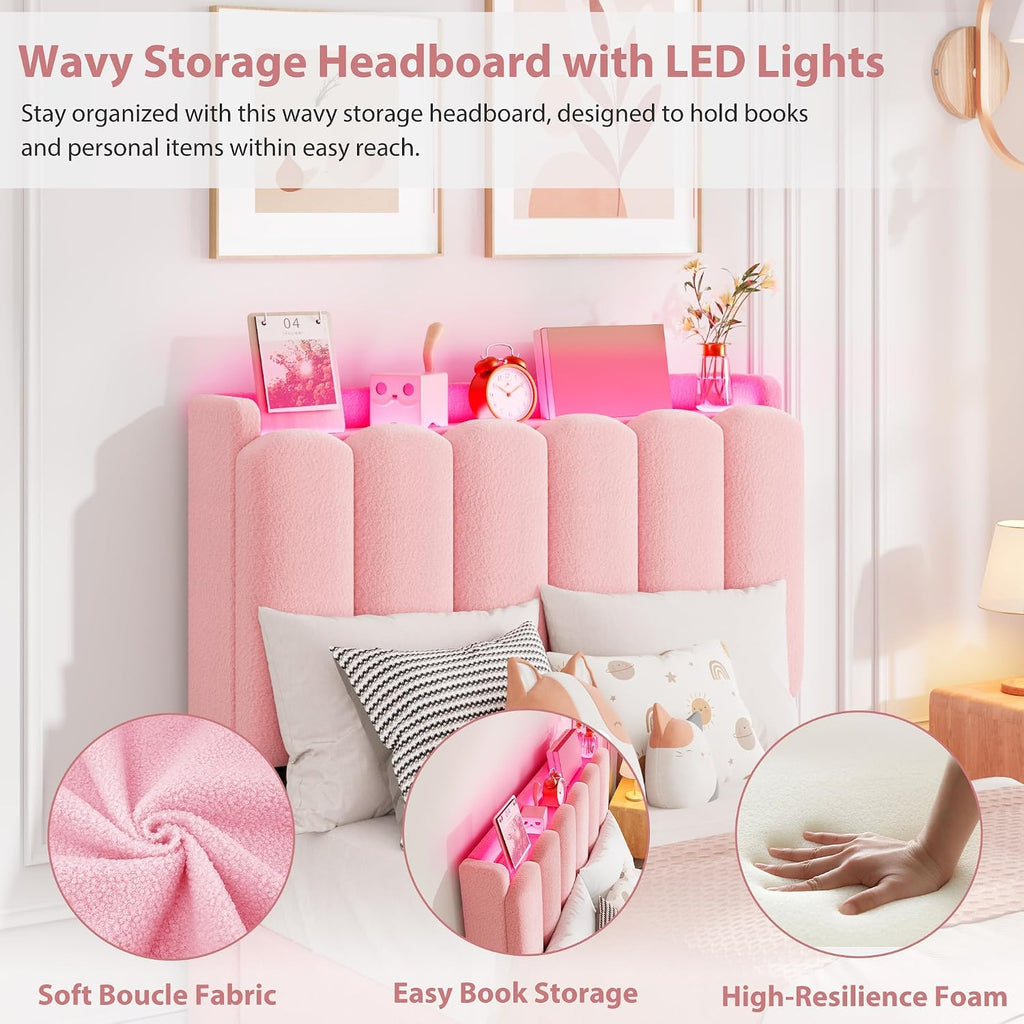 Garvee LED Twin Size Bed Frame with Storage Headboard, Kids Bed Frame with 2 Drawers, Boucle Upholstered Platform Bed for Girls, Chic Wavy Headboard with Bookcase, No Box Spring Needed, Pink