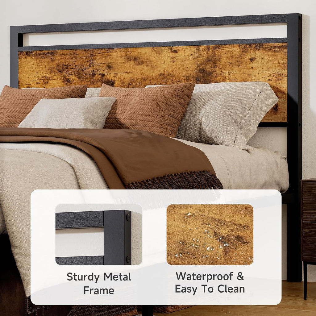 King Metal Bed Frame with Wooden Headboard and Footboard, Heavy Duty Platform Frame with Metal Slats, No Box Spring Needed, Quiet and Non-Slip Design, Space Saving Bed Frame for Bedroom, Vintage Brown