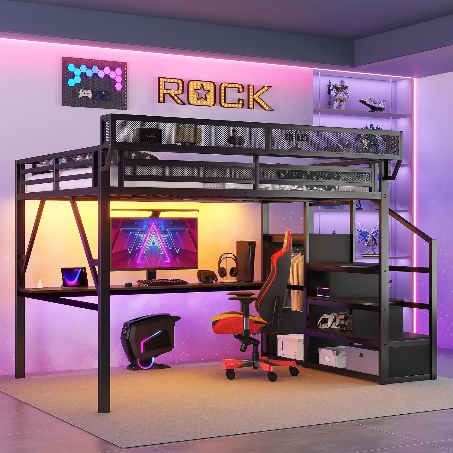 Mirightone Full Size Loft Bed with Desk and Light, Metal Loft Bed Frame with Stairs and Bedside Shelf, Tall Lofts Beds with Storage Shelves and Wardrobe for Kids Teens, Black