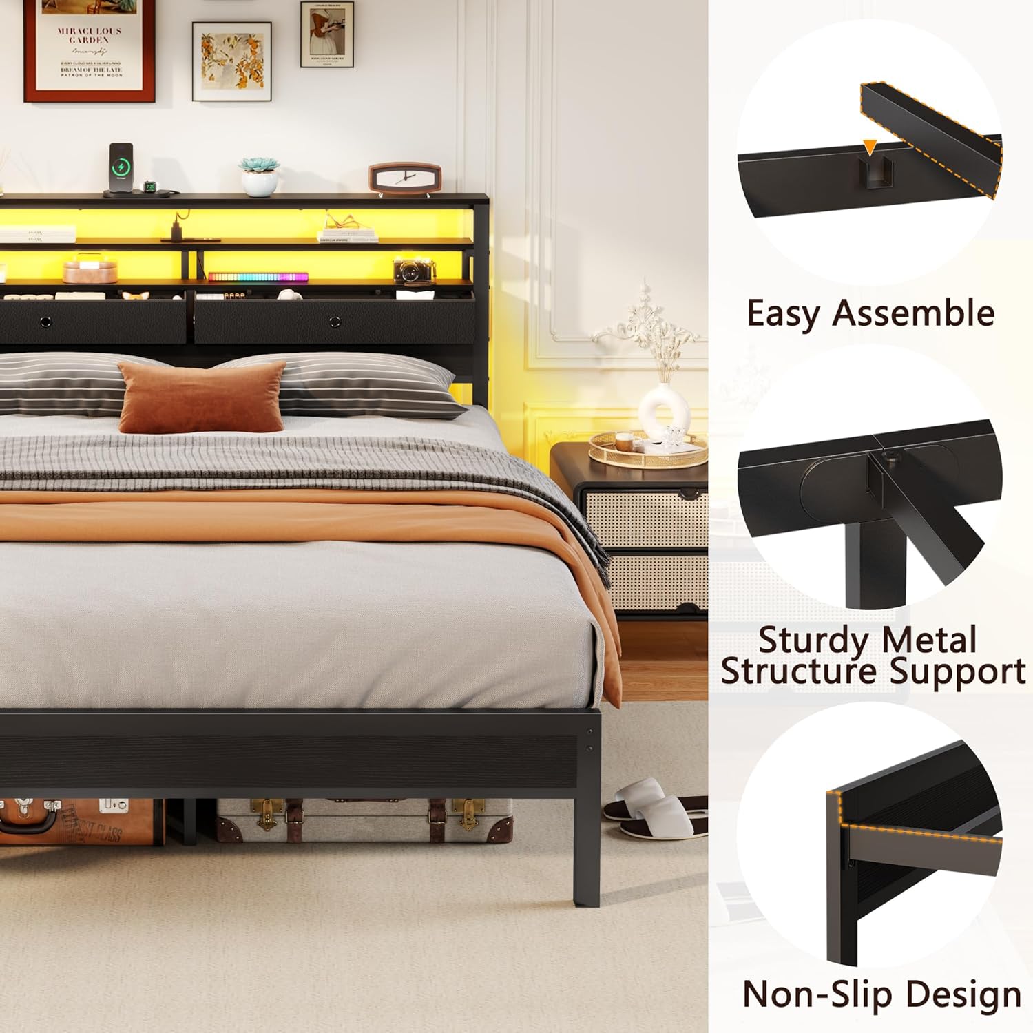 Furnulem Queen Bed Frame with Headboard, 3-Tier Storage Shelves & 2 Fabric Drawers, Built-in Charging Station & RGB LED Lights, Metal Slat Support, No Box Spring Needed, Easy Assembly, Black Oak