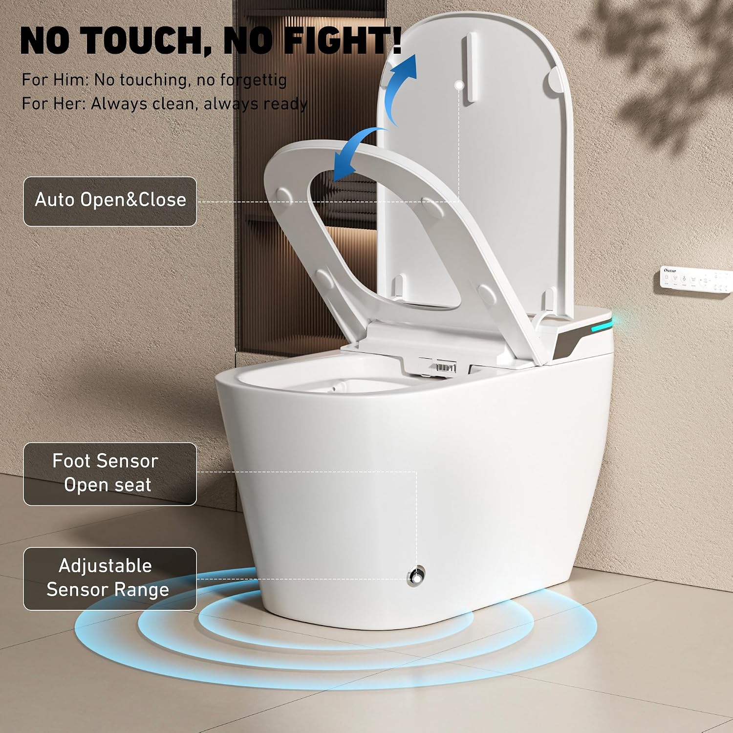 Smart Toilet with Bidet Built in by Onirap, ADA Comfort Height Toilet, Elongated Heated & Wider Seat Tank Built in with Powerful Flush, Auto Open/Close Lid, Warm Water Sprayer & Dryer, Night Light