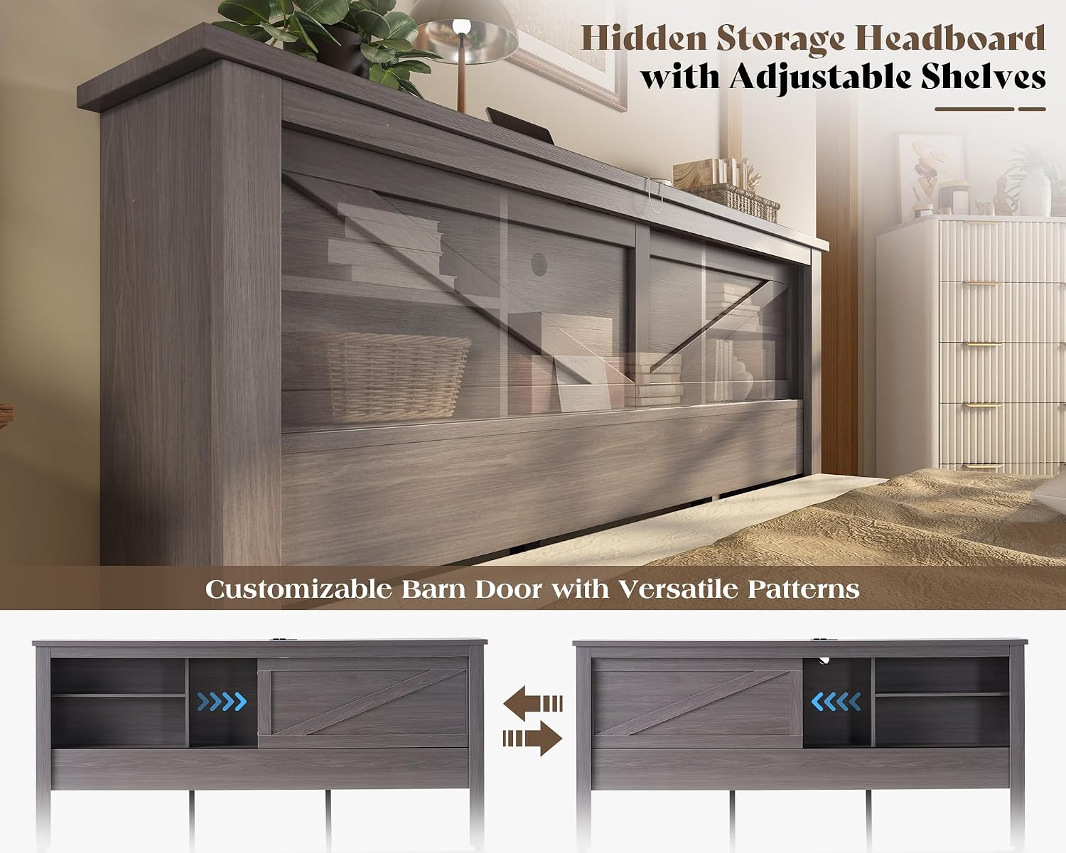AMERLIFE 47.2' H Queen Bed Frame with Hidden Space Bookcase Headboard and Charging Station, Beds with 2 Storage Drawers and Wood Slats, No Box Spring Needed, Grey