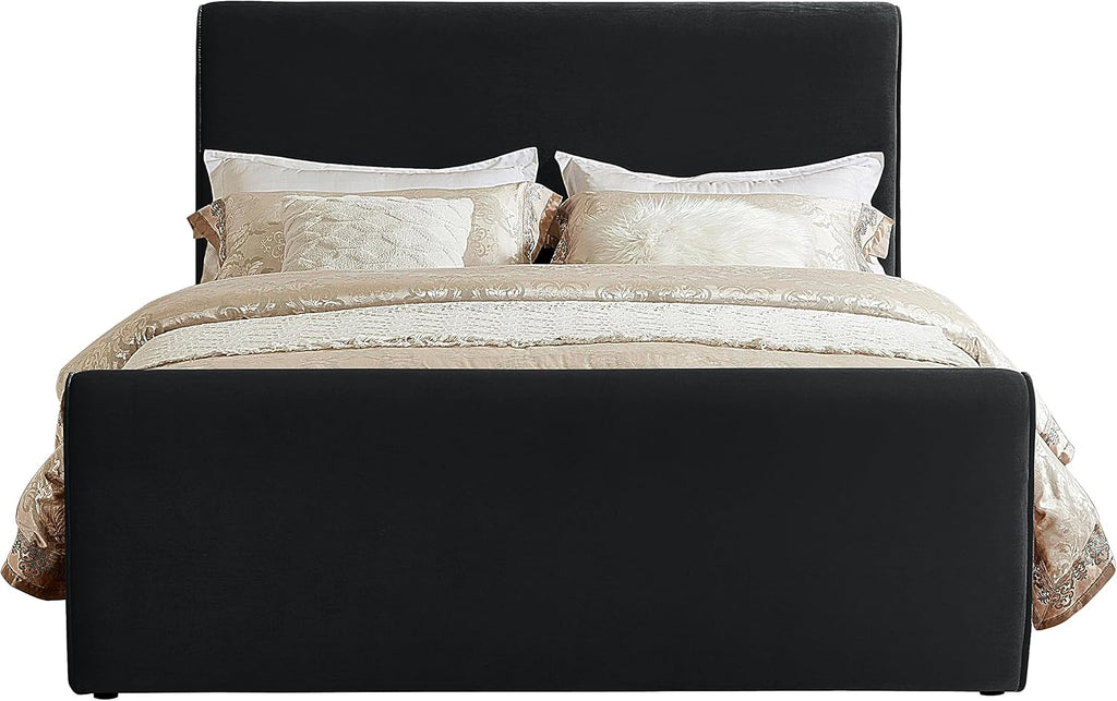Meridian Furniture SloanBlack-Q Sloan Collection Modern | Contemporary Velvet Upholstered Queen Bed with Rich Soft Black Velvet, Curved Headboard and Footboard, 66' W x 96' D x 45' H, Black, Queen