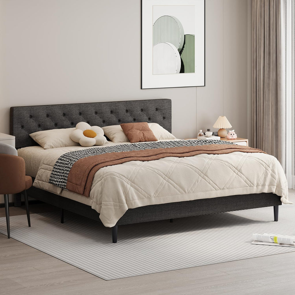 BarnFurin King Size Platform Bed Frame, Fabric Upholstered Bed with Button Tufted Headboard, Adjustable Headboard Design, Easy Assembly, No Box Spring Required, Dark Grey