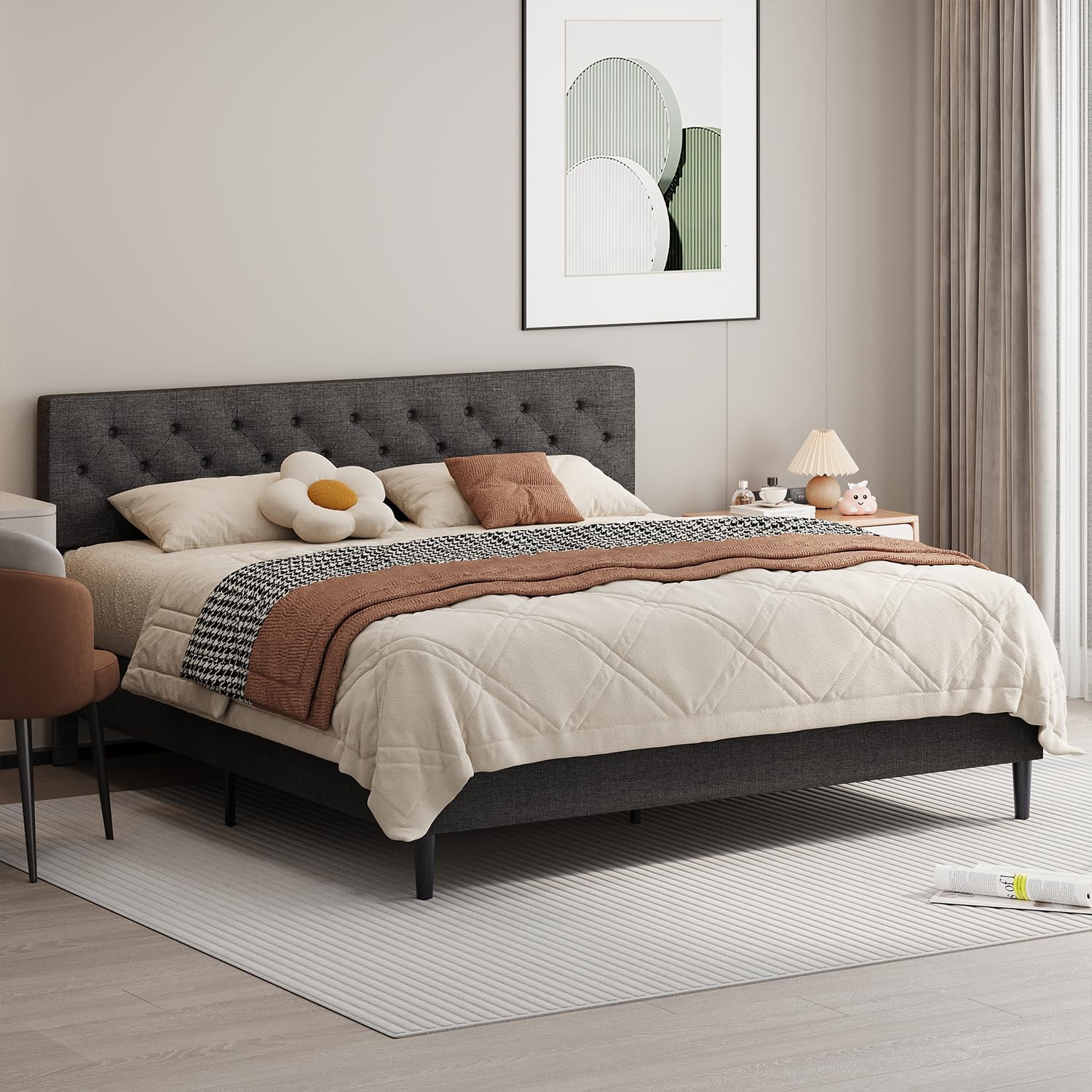 BarnFurin King Size Platform Bed Frame, Fabric Upholstered Bed with Button Tufted Headboard, Adjustable Headboard Design, Easy Assembly, No Box Spring Required, Dark Grey