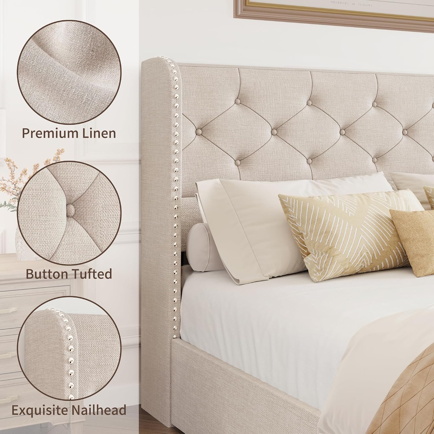 BRELTAM Full Size Bed Frame with Storage Drawers and Wingback Headboard Linen Upholstered Platform Bed Frame Tufted Beds with Heavy Duty Wood Slats, Noise Free, Easy Assembly, Beige
