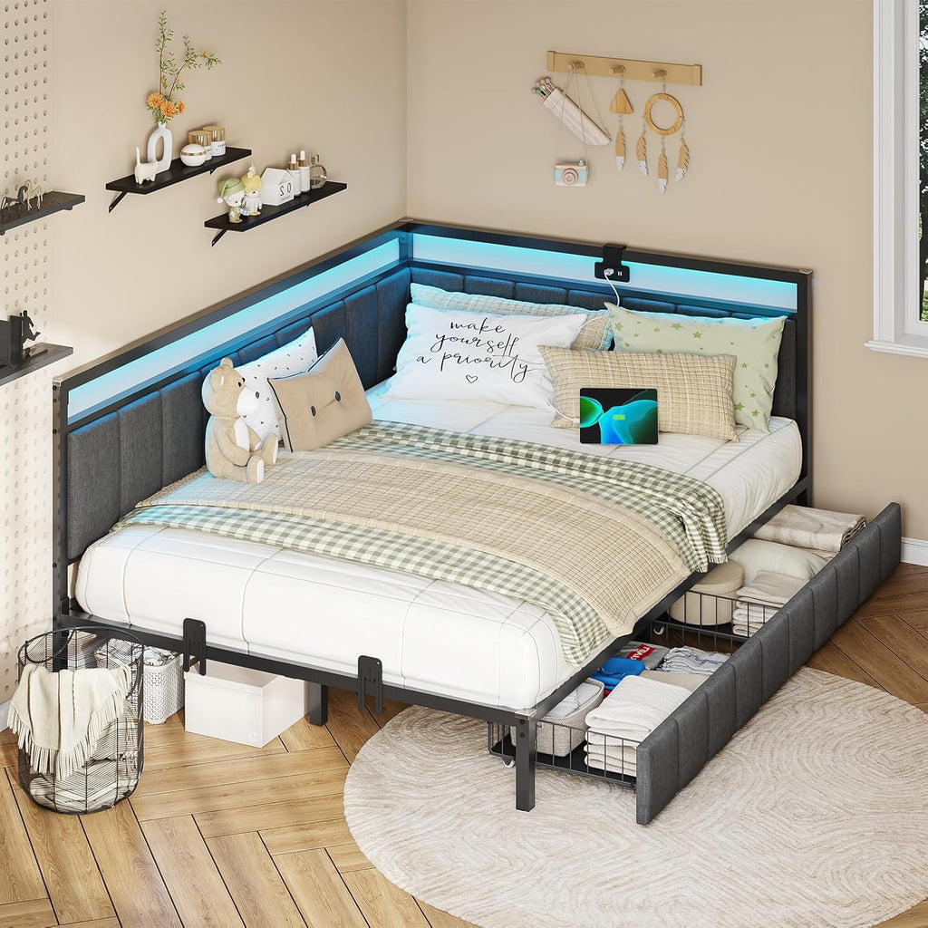DICTAC Corner Full Bed Frame with 2 Storage Drawers and Charging Station Full Size Platform Bed Frame with Led Lights and Upholstered Guardrail Full Size Daybed for Teen/Adult with Storage,Gray